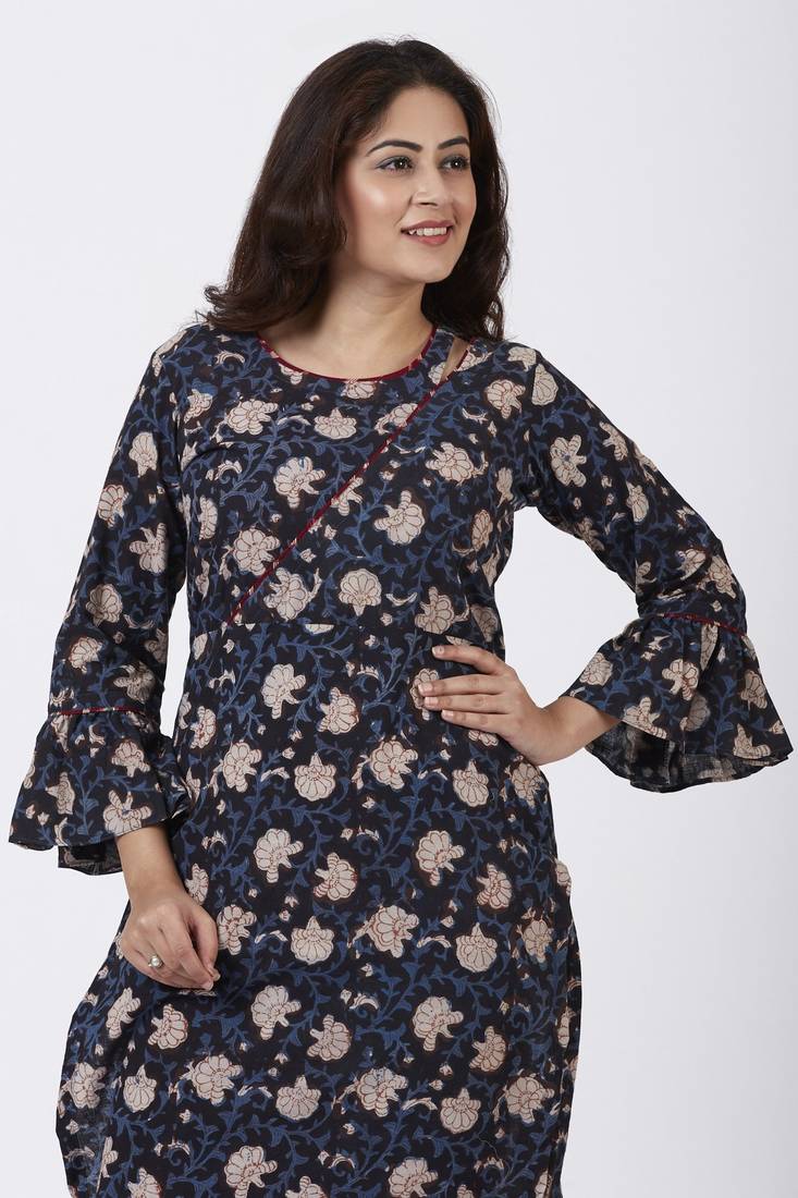 Hand Block Blue Floral Printed Ruffled Sleeve Kurti with Straight Palazzo