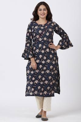 Hand Block Blue Floral Printed Ruffled Sleeve Kurti with Straight Palazzo 4