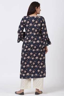 Hand Block Blue Floral Printed Ruffled Sleeve Kurti with Straight Palazzo 5