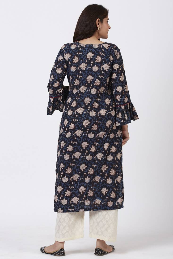 Hand Block Blue Floral Printed Ruffled Sleeve Kurti with Straight Palazzo