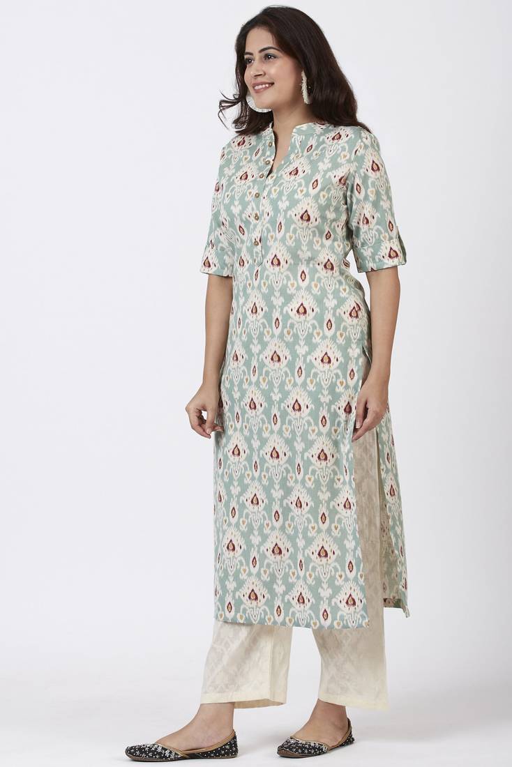 Simply Sea Green Mughal Floral Printed Kurti with Straight Palazzo