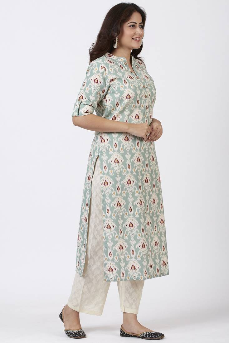Simply Sea Green Mughal Floral Printed Kurti with Straight Palazzo