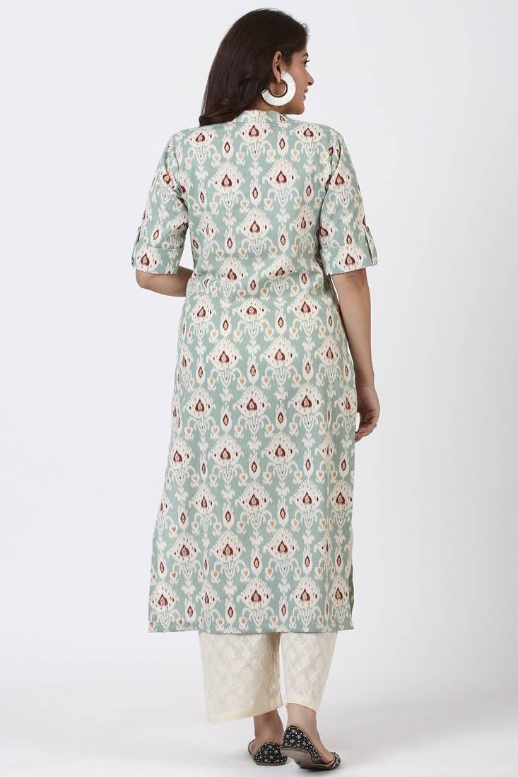 Simply Sea Green Mughal Floral Printed Kurti with Straight Palazzo