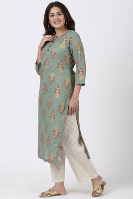 Moss Green Rust Floral Printed Kurti with Straight Palazzo 1