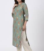 Moss Green Rust Floral Printed Kurti with Straight Palazzo