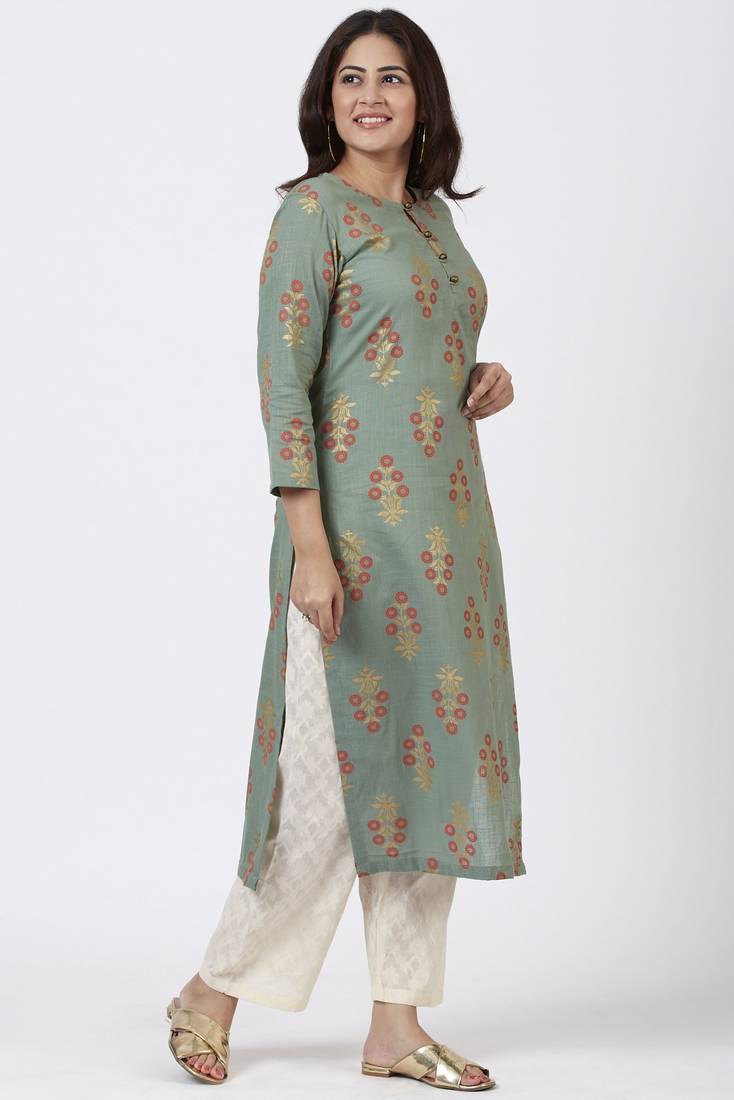 Moss Green Rust Floral Printed Kurti with Straight Palazzo