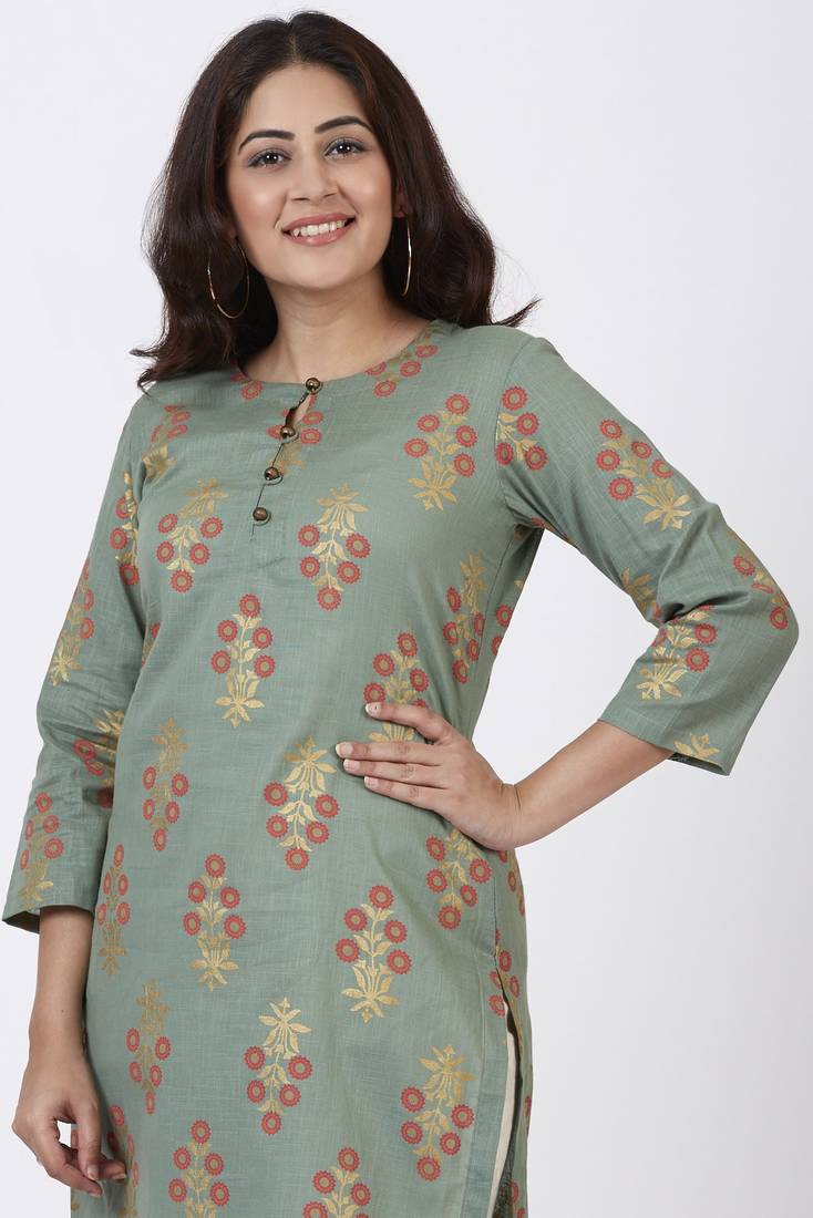 Moss Green Rust Floral Printed Kurti with Straight Palazzo