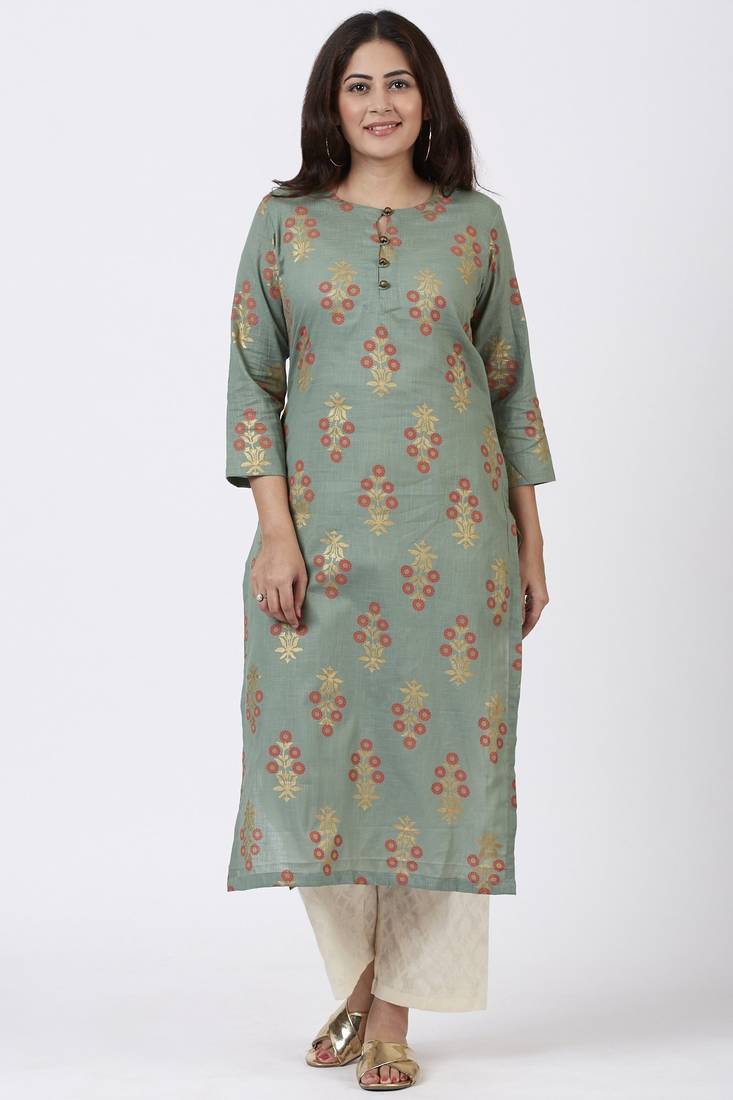 Moss Green Rust Floral Printed Kurti with Straight Palazzo