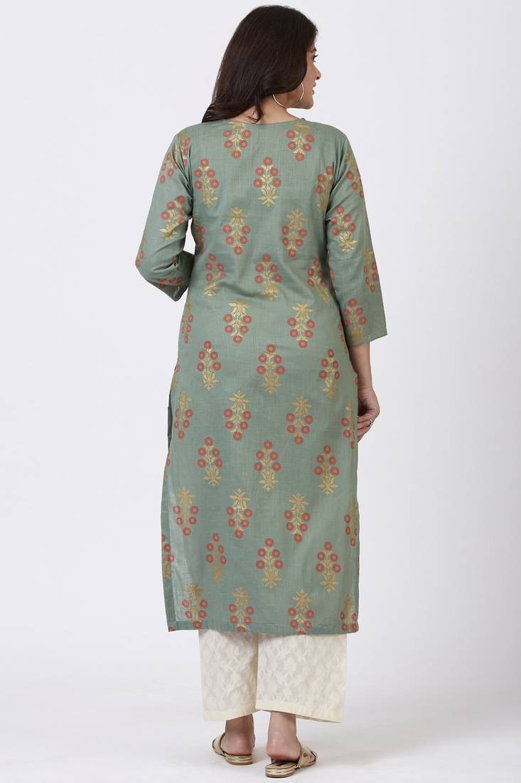 Moss Green Rust Floral Printed Kurti with Straight Palazzo