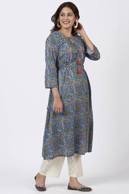 Smiling Blue Orange Floral Printed Belt Kurti with Straight Palazzo 1