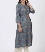 Smiling Blue Orange Floral Printed Belt Kurti with Straight Palazzo