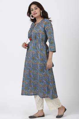 Smiling Blue Orange Floral Printed Belt Kurti with Straight Palazzo 2