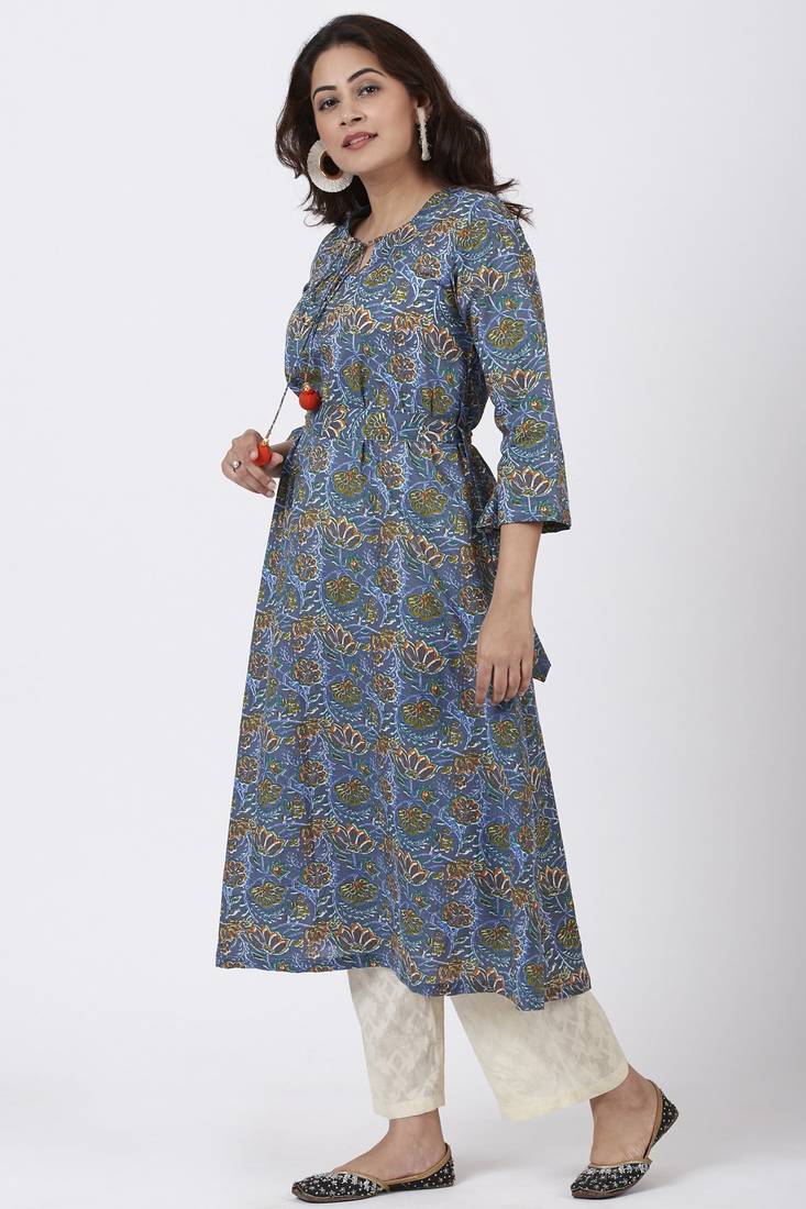 Smiling Blue Orange Floral Printed Belt Kurti with Straight Palazzo