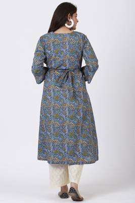 Smiling Blue Orange Floral Printed Belt Kurti with Straight Palazzo 3