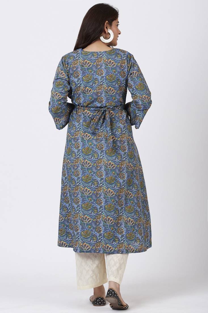 Smiling Blue Orange Floral Printed Belt Kurti with Straight Palazzo