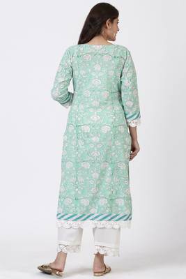 Mint Green Floral Leheriya Crochet Kurti with Crochet Pants 5