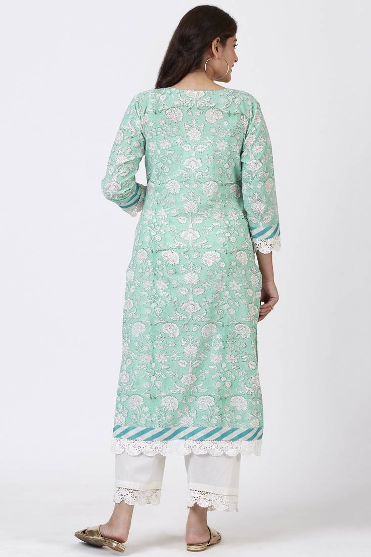 Mint Green Floral Leheriya Crochet Kurti with Crochet Pants