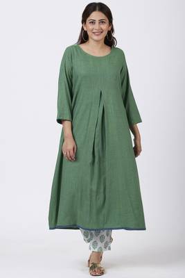 Shaded Jade Front Pleat Kurti with Straight Pants 1