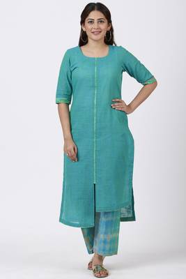 Green Basant Asymmetrical Kurti with Straight Palazzo 1