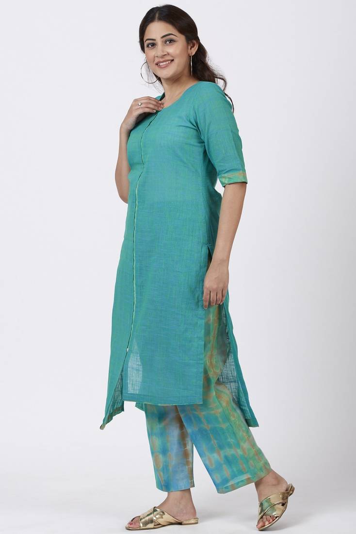 Green Basant Asymmetrical Kurti with Straight Palazzo