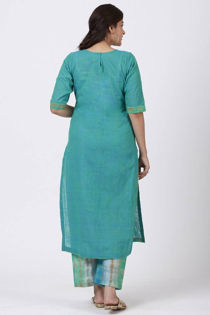 Green Basant Asymmetrical Kurti with Straight Palazzo