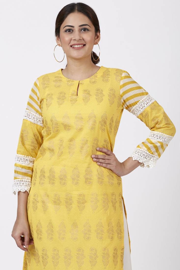 Butter Mustard Leheriya Crochet Kurti with Crochet Pants