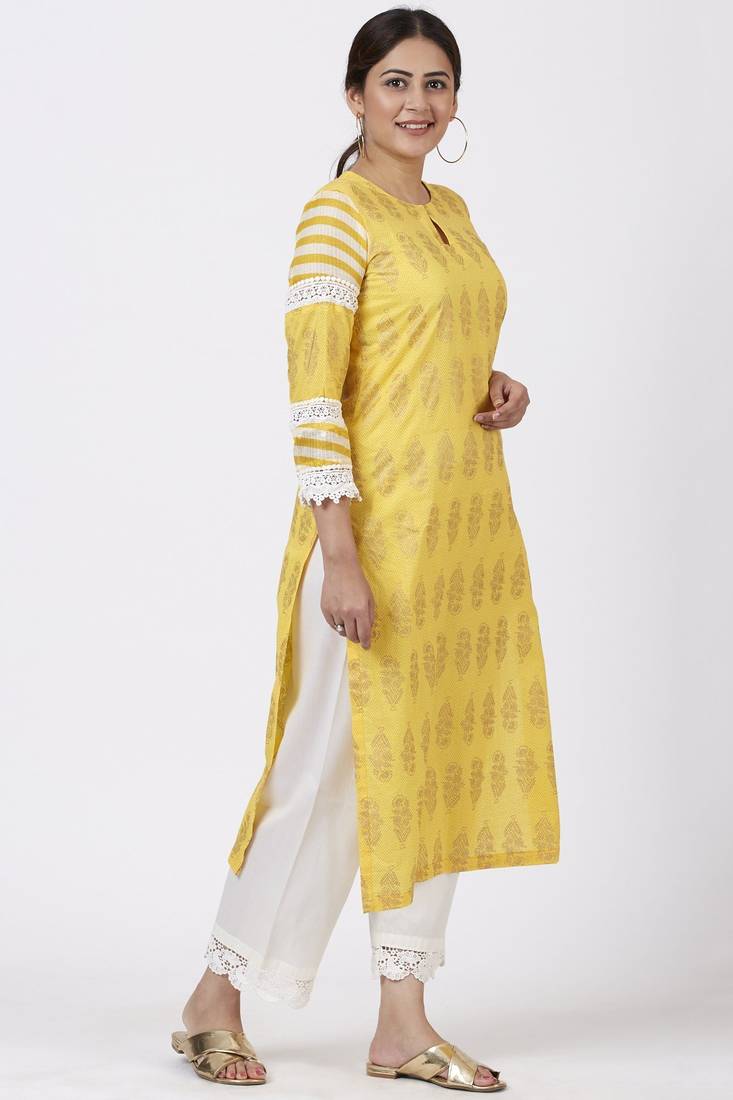 Butter Mustard Leheriya Crochet Kurti with Crochet Pants