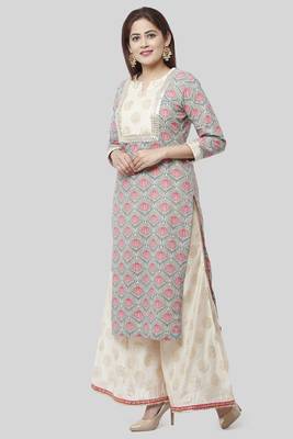 Gray Pink Floral Gotta Straight Kurti with Foil Printed Kalidaar Palazzo 1