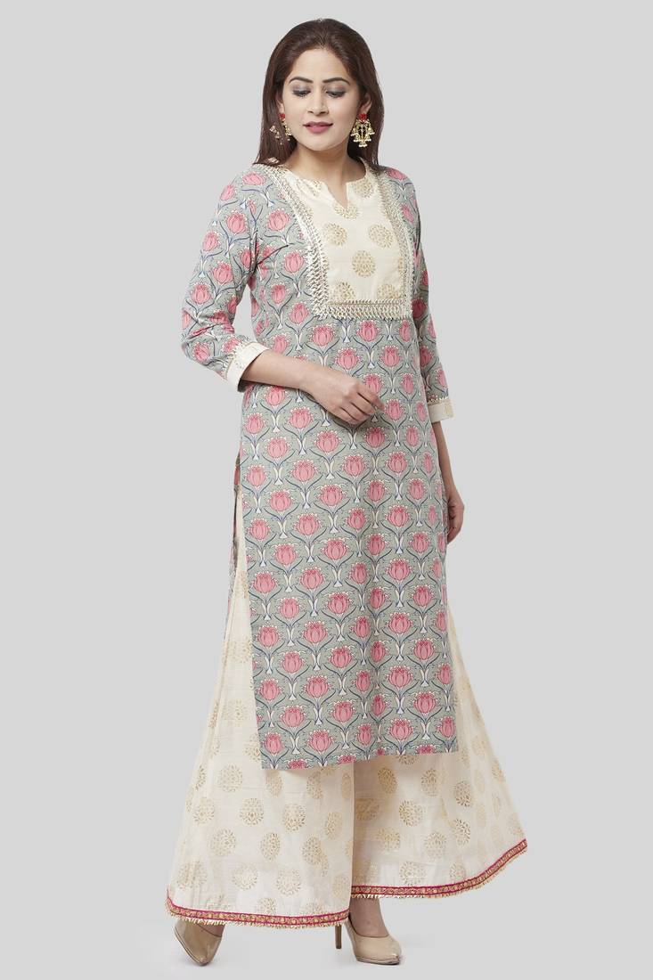 Gray Pink Floral Gotta Straight Kurti with Foil Printed Kalidaar Palazzo