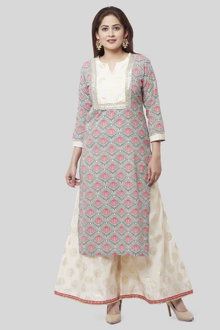 Gray Pink Floral Gotta Straight Kurti with Foil Printed Kalidaar Palazzo