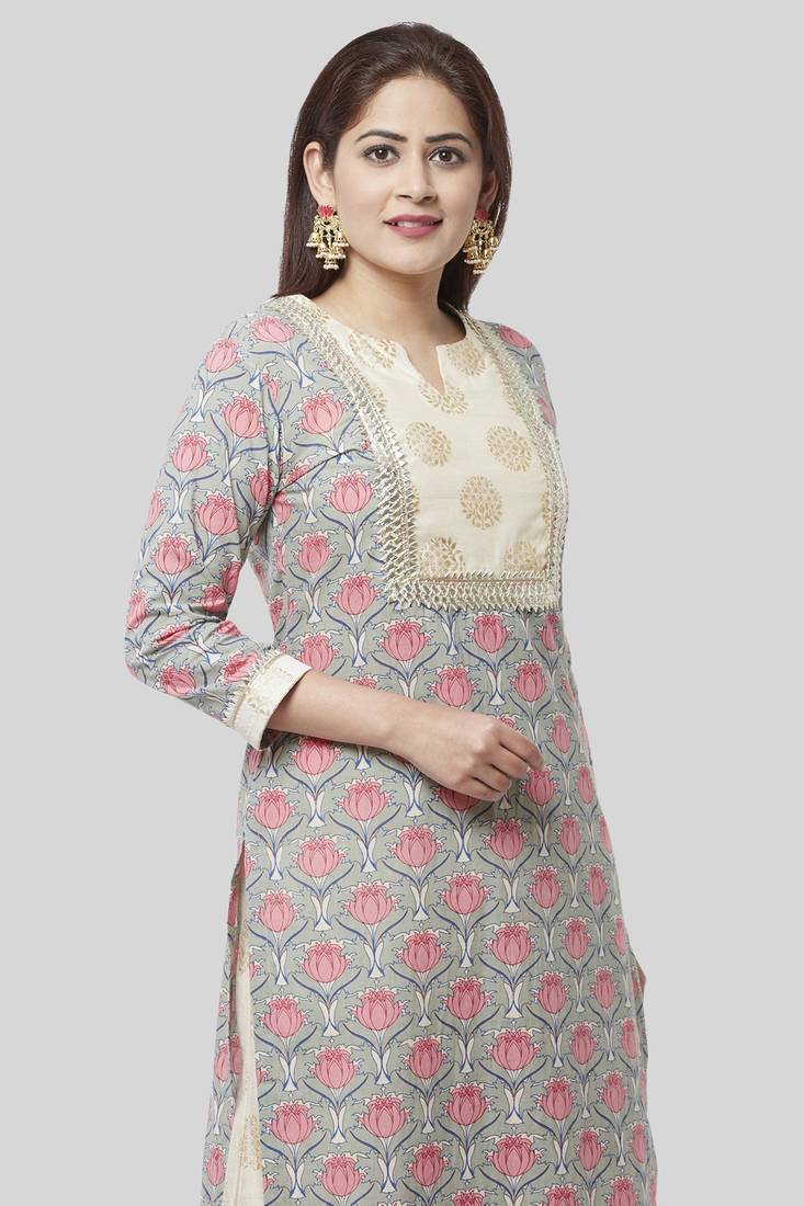 Gray Pink Floral Gotta Straight Kurti with Foil Printed Kalidaar Palazzo