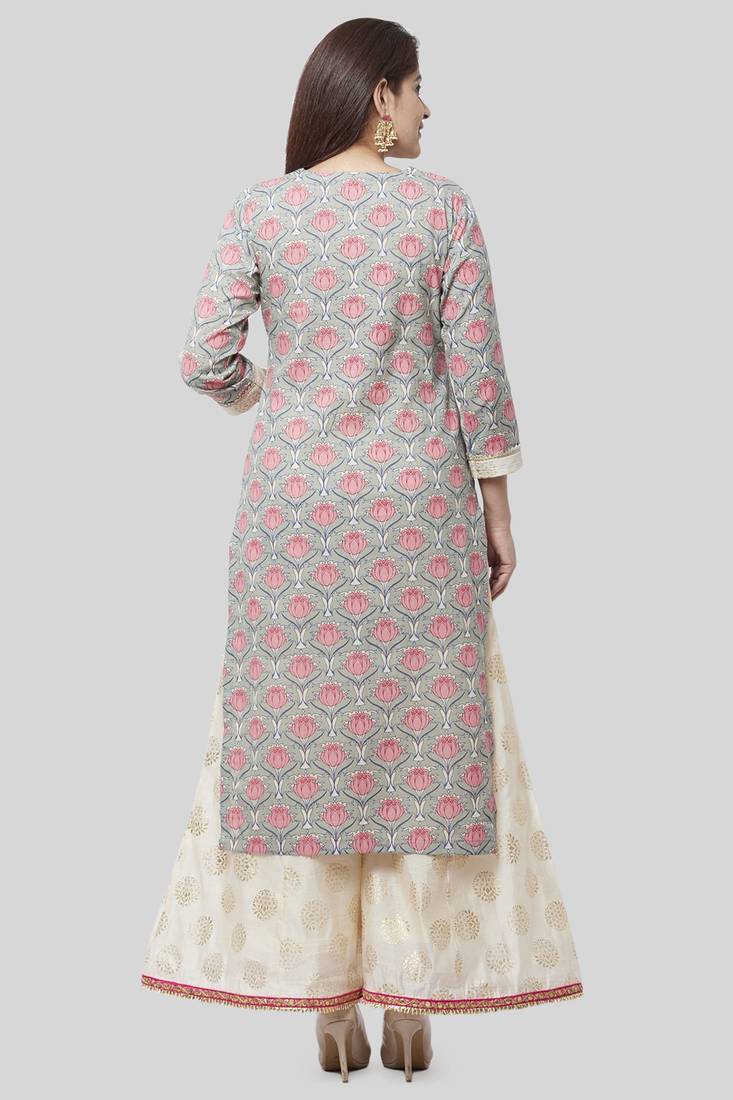 Gray Pink Floral Gotta Straight Kurti with Foil Printed Kalidaar Palazzo