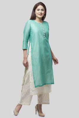 Water Blue Double Layer Chanderi Kurti with Self Printed Straight Palazzo 1