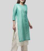 Water Blue Double Layer Chanderi Kurti with Self Printed Straight Palazzo