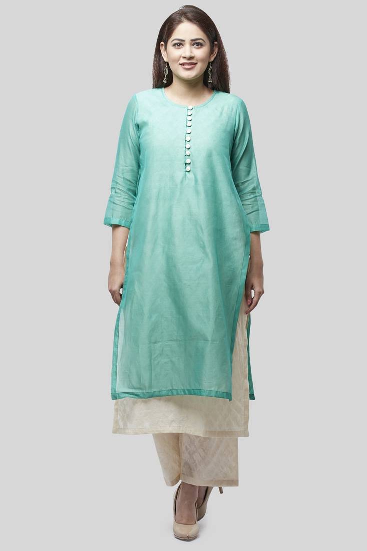 Water Blue Double Layer Chanderi Kurti with Self Printed Straight Palazzo