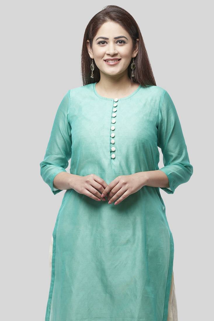 Water Blue Double Layer Chanderi Kurti with Self Printed Straight Palazzo