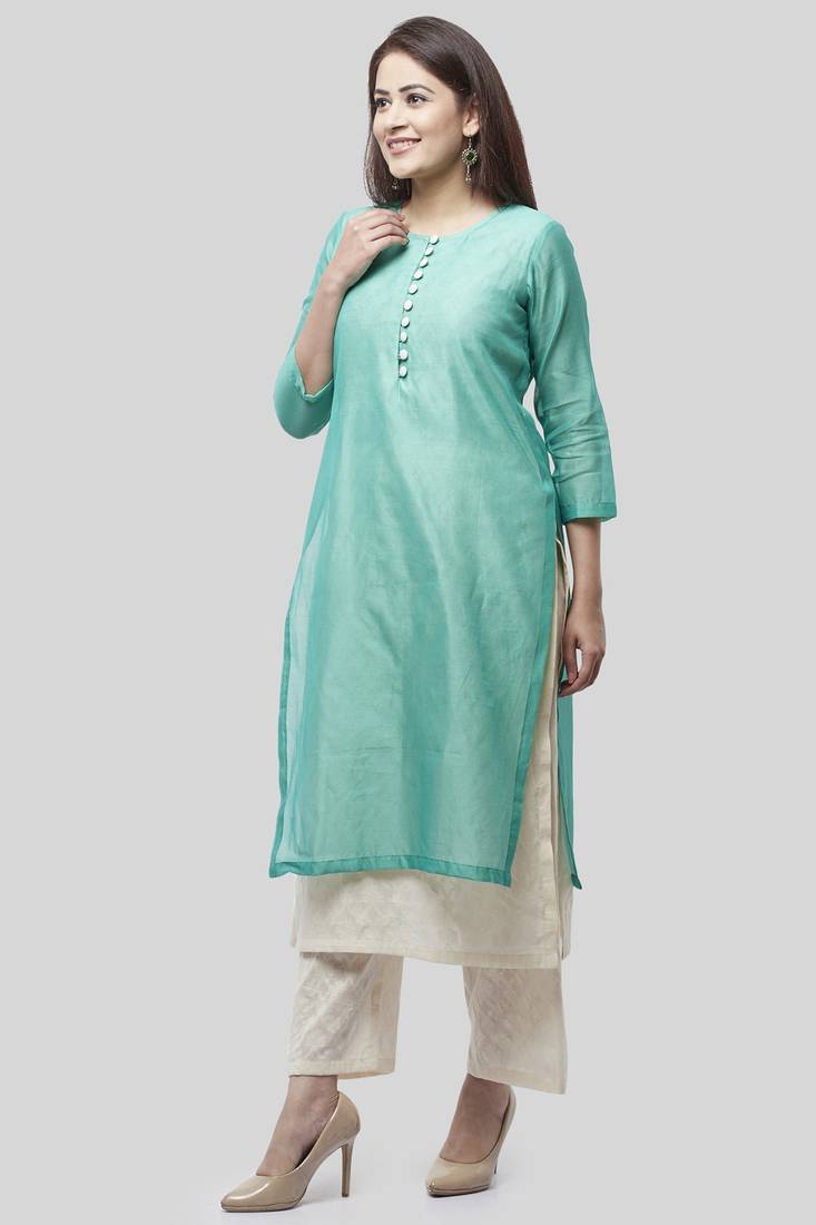 Water Blue Double Layer Chanderi Kurti with Self Printed Straight Palazzo