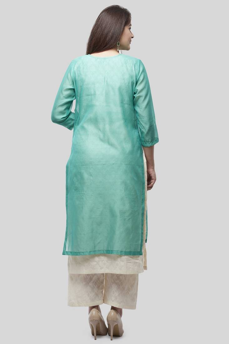 Water Blue Double Layer Chanderi Kurti with Self Printed Straight Palazzo