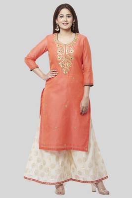 Coral Embroidered Chanderi Kurti with Off-White Foil Kalidaar Palazzo 1