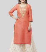Coral Embroidered Chanderi Kurti with Off-White Foil Kalidaar Palazzo