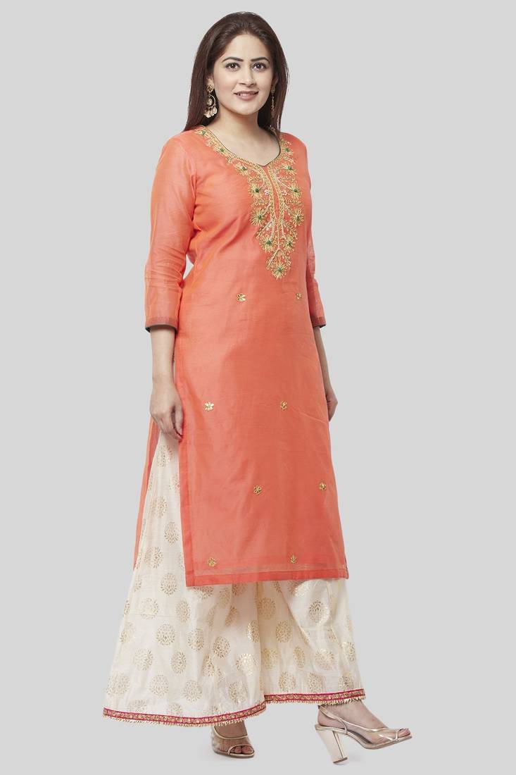 Coral Embroidered Chanderi Kurti with Off-White Foil Kalidaar Palazzo