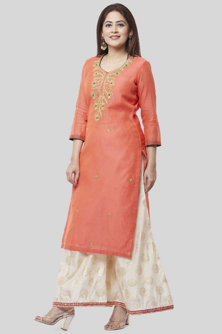 Coral Embroidered Chanderi Kurti with Off-White Foil Kalidaar Palazzo
