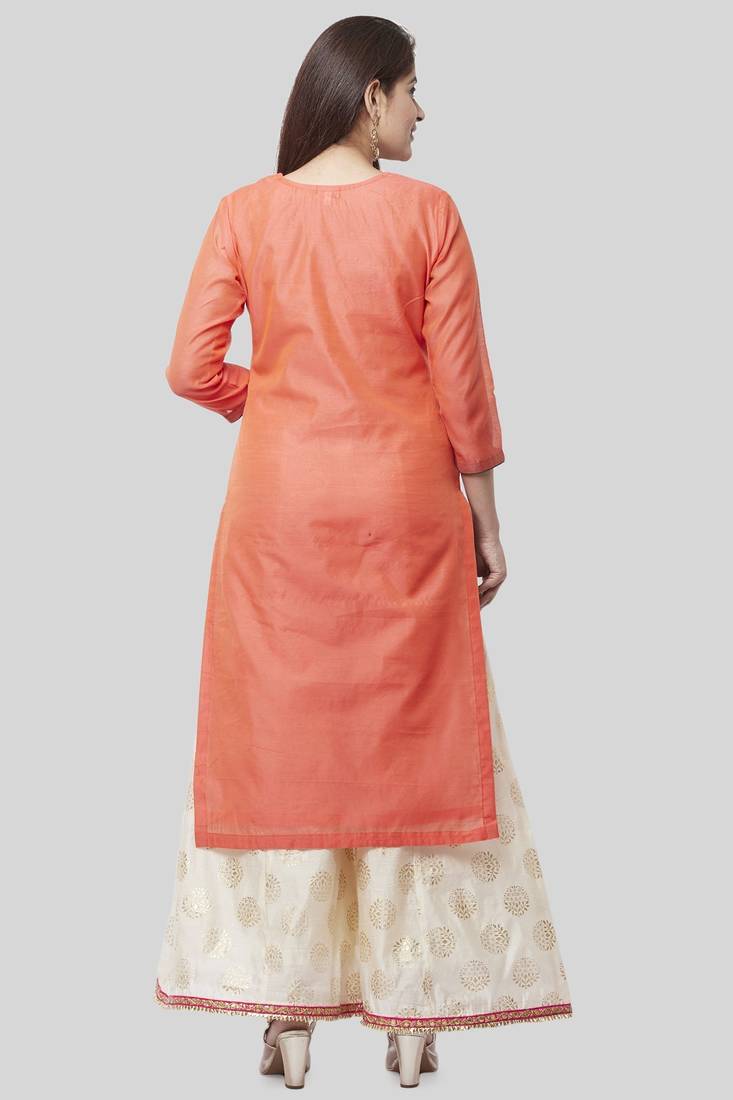 Coral Embroidered Chanderi Kurti with Off-White Foil Kalidaar Palazzo