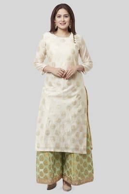 Off-White Gold Foil Printed Kurti with Pistachio Kalidaar Palazzo 1