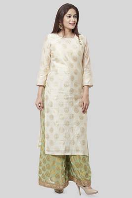 Off-White Gold Foil Printed Kurti with Pistachio Kalidaar Palazzo 2