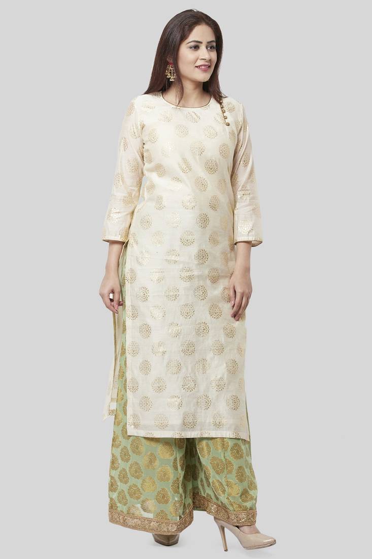 Off-White Gold Foil Printed Kurti with Pistachio Kalidaar Palazzo