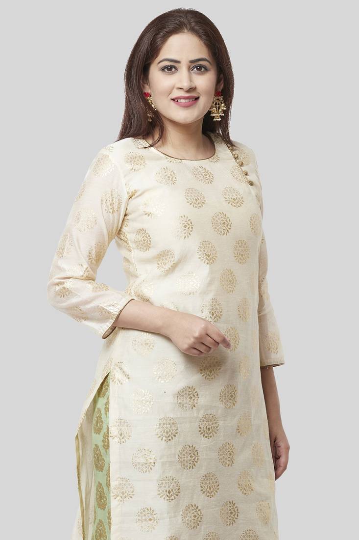 Off-White Gold Foil Printed Kurti with Pistachio Kalidaar Palazzo