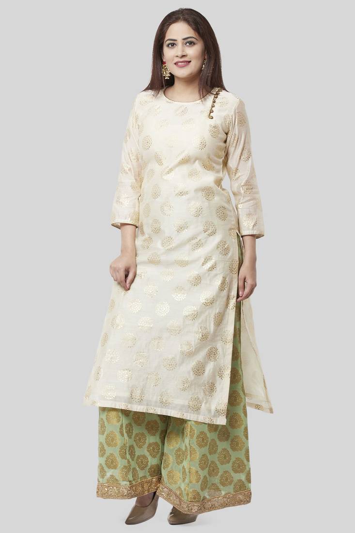 Off-White Gold Foil Printed Kurti with Pistachio Kalidaar Palazzo