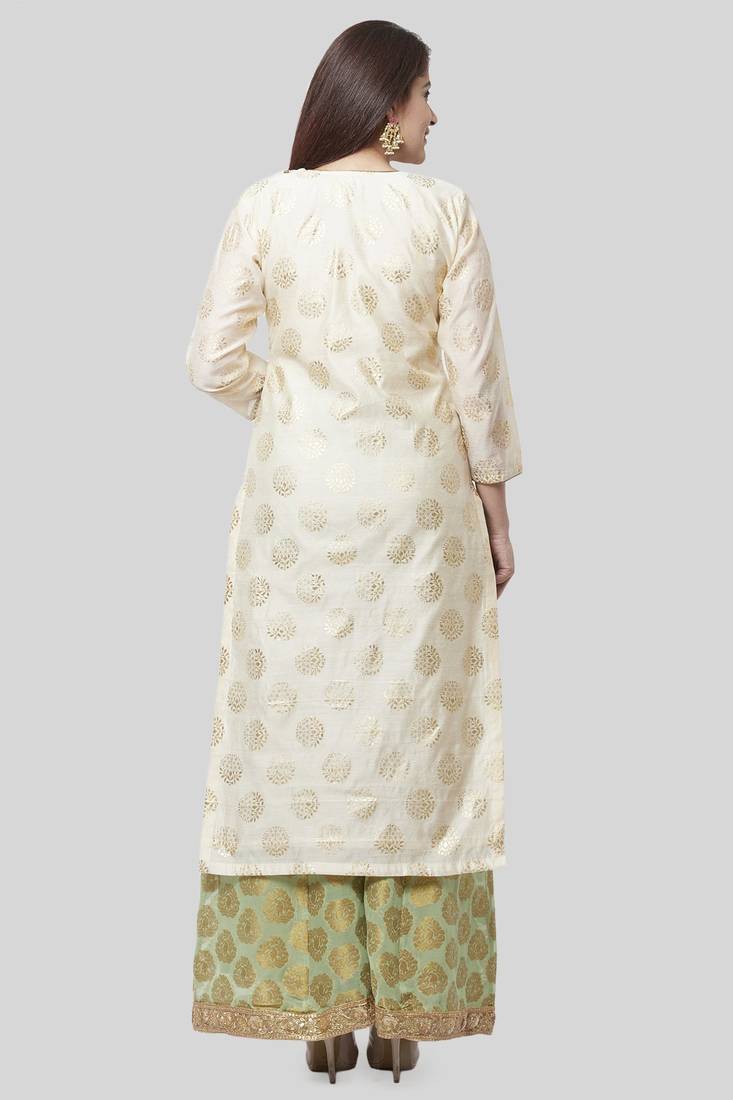Off-White Gold Foil Printed Kurti with Pistachio Kalidaar Palazzo