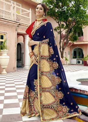 Navy blue embroidered georgette saree with blouse 1